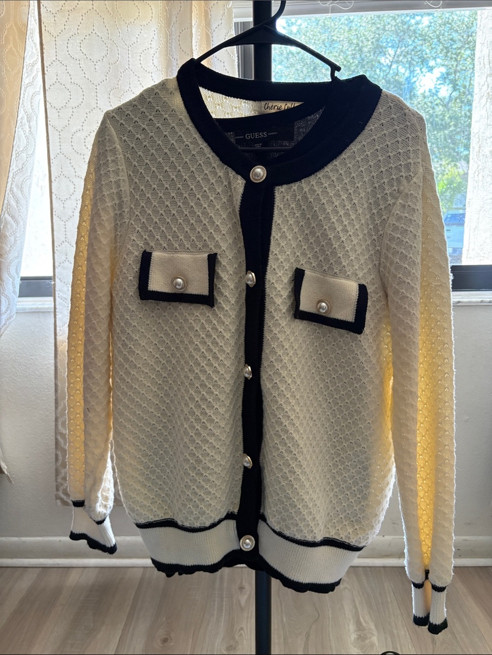Guess Cream Knit Cardigan with Black Trim and Pearl Buttons - Picture 1 of 2